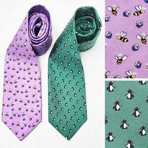 Brooks Brothers Mens Set of 2 Bundle Bees Penquins Neck Tie Ties Green Lavender